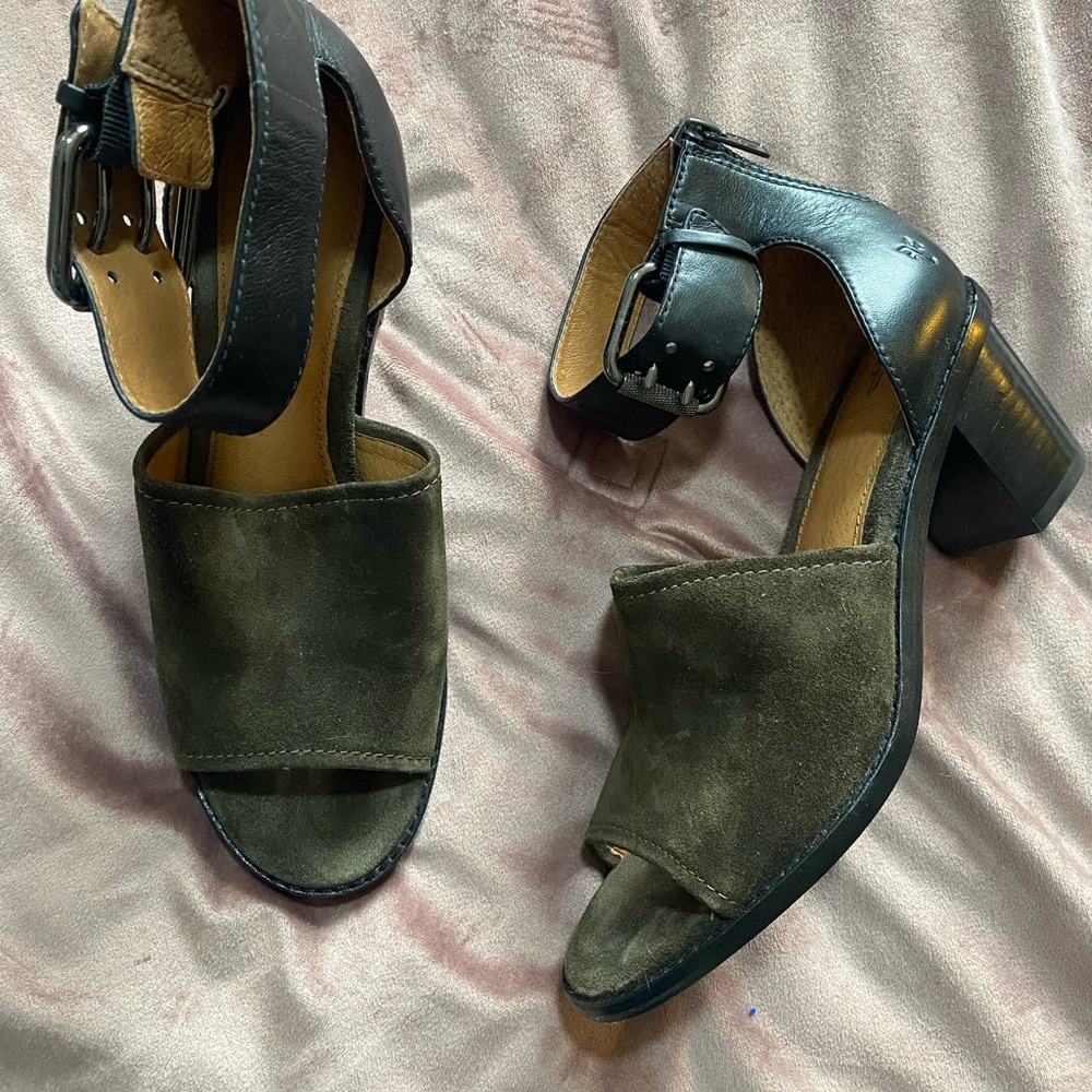 Frye Black and Brown Heeled Sandals with Block Heel